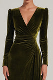 Olive Velvet A-Line V-Neck Formal Dress With Long Sleeves