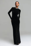Sparkly Black Sheath Scoop Velvet Formal Dress With Beading