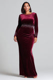 Burgundy Sheath Boat Neck Beaded Velvet Formal Dress