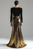 Sparkly Gold and Black V-Neck Sheath Long Formal Dress with Sleeve