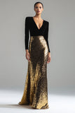 Sparkly Gold and Black V-Neck Sheath Long Formal Dress with Sleeve