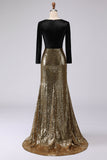 Sparkly Gold and Black V-Neck Sheath Long Formal Dress with Sleeve