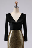 Sparkly Gold and Black V-Neck Sheath Long Formal Dress with Sleeve
