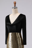 Sparkly Gold and Black V-Neck Sheath Long Formal Dress with Sleeve