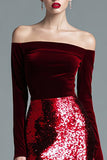 Burgundy Sheath Off the Shoulder Velvet Long Formal Dress