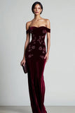 Off the Shoulder Velvet Burgundy Beaded Long Formal Dress