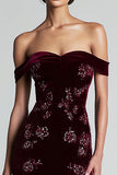 Off the Shoulder Velvet Burgundy Beaded Long Formal Dress