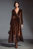 Coffee Velvet A-Line Long Sleeve Formal Dress with Lace