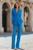 Blue 2 Piece Peak Lapel Single Breasted Women's Suits