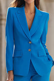 Blue 2 Piece Peak Lapel Single Breasted Women's Suits