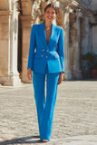 Slim Fit Blue 2 Piece Peak Lapel Double Breasted Women's Suits