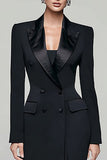 Black Peak Lapel Double Breasted Women's Blazer Dress with Slit