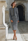 Grey Mix 2 Piece Tweed Pencil Single Breasted Midi Work Dress