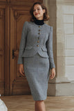 Grey 2 Piece Tweed Pencil Midi Work Dress
