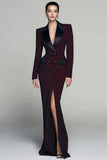 Burgundy Peak Lapel Long Sleeves Sheath Work Dress with Slit