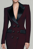 Burgundy Peak Lapel Long Sleeves Sheath Work Dress with Slit