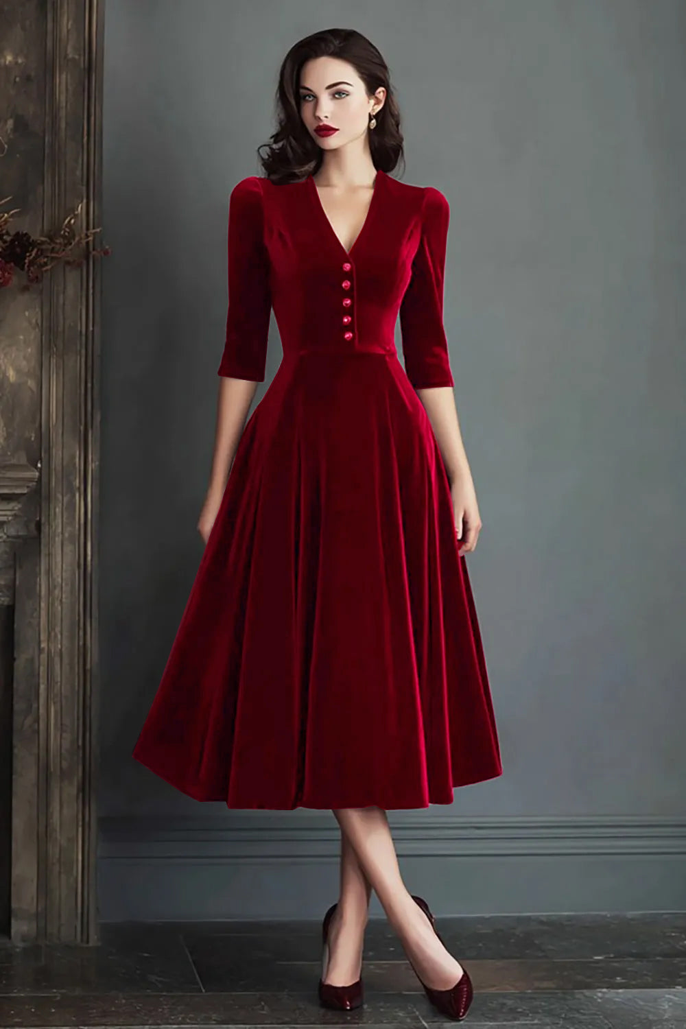 ZAPAKA Women Burgundy Work Dress Velvet A Line V-Neck Long Formal Dress with Half Sleeves – ZAPAKA UK
