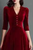 Burgundy A Line Velvet V-Neck Work Dress with Half Sleeves
