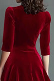 Burgundy A Line Velvet V-Neck Work Dress with Half Sleeves