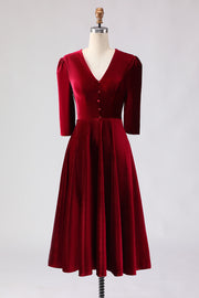 Velvet A Line V-Neck Burgundy Midi Christams Party Dress with Half Sleeves
