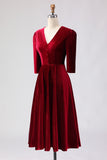 Velvet A Line V-Neck Burgundy Midi Christams Party Dress with Half Sleeves