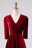 Velvet A Line V-Neck Burgundy Midi Christams Party Dress with Half Sleeves