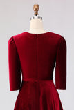 Velvet A Line V-Neck Burgundy Midi Christams Party Dress with Half Sleeves