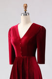 Velvet A Line V-Neck Burgundy Midi Christams Party Dress with Half Sleeves