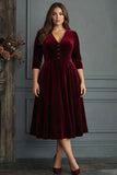 Plus Size Burgundy Velvet A Line V-Neck Midi Work Dress with Half Sleeves