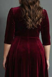 Plus Size Burgundy Velvet A Line V-Neck Midi Work Dress with Half Sleeves