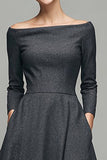 Dark Grey A Line Bateau Neck Work Dress with Long Sleeves