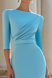 Light Blue Bodycon Half Sleeves Pleated Midi Work Dress