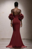 Burgundy Sweetheart Satin Mermaid Long Pageant Dress with Feathers