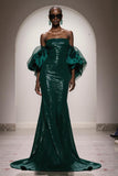 Sparkly Dark Green Strapless Sequin Mermaid Long Pageant Dress with Sleeves