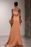 Orange One Shoulder Satin Mermaid Long Pageant Dress with Feathers