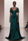 A-Line Dark Green Short Sleeve Pageant Dress