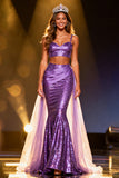 Sparkly Purple Sequin Mermaid Two Piece Long Pageant Dress