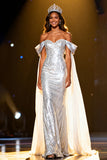 Sparkly Silver Sequins Off the Shoulder Long Pageant Dress with Cape