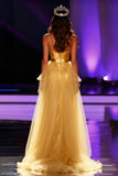 Yellow Satin Mermaid Spaghetti Straps Long Pageant Dress
