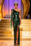 Sparkly Dark Green Sequin Mermaid One Shoulder Long Pageant Dress with Slit