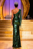 Sparkly Dark Green Sequin Mermaid One Shoulder Long Pageant Dress with Slit