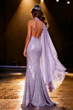 Light Purple Mermaid Halter Sequin Long Pageant Dress with Cape