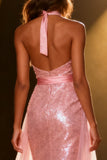 Sparkly Light Pink Mermaid Sequin Halter Long Pageant Dress with Sash
