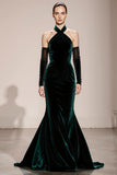 Mermaid Dark Green Halter Velvet Evening Dress