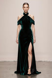 Dark Green A-Line Halter Velvet Long Evening Dress with Slit