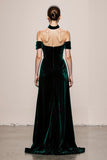 Dark Green A-Line Halter Velvet Long Evening Dress with Slit