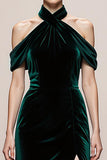 Dark Green A-Line Halter Velvet Long Evening Dress with Slit