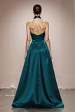 A-Line Halter Dark Green Satin Evening Dress