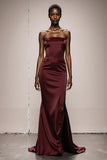 Mermaid Burgundy Strapless Satin Evening Dress with Slit