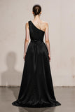 Black and White A-Line One Shoulder Satin Long Evening Dress